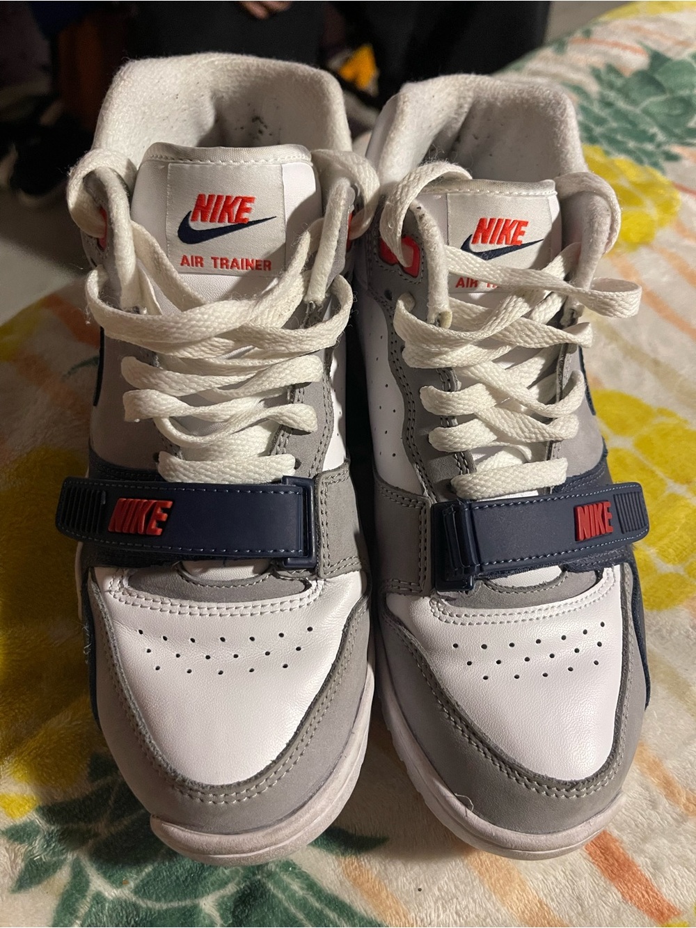 Nike Kids White Gray Navy Air Trainer Sneakers with Red Logo